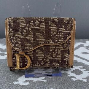 Christian Dior Trotter Saddle Tri-Fold Brown Monogram Compact Wallet w/Bag